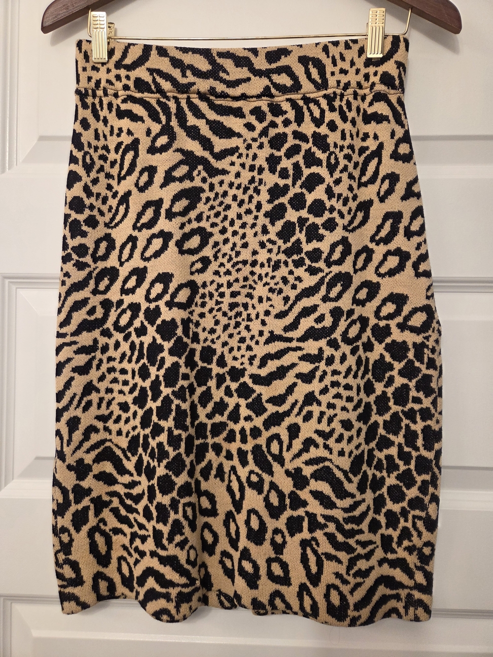 St. John Collection Leopard Knit Midi Skirt in Beige and Black